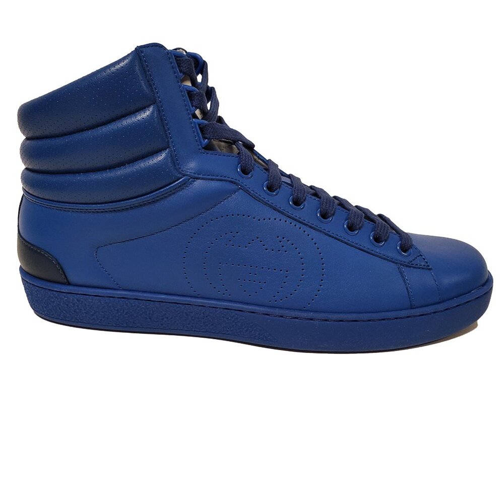 GUCCI SNEAKERS MENS ACE HIGH TOP BLUE LEATHER PERFORATED LOGO SHOES sz 8.5G 9